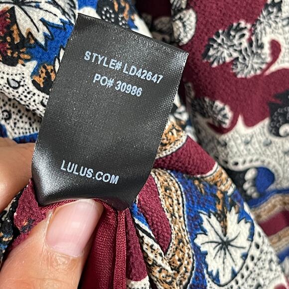 Lulus Delta Floral Print Dress Womens Small Burgundy Asymmetrical Flowy Romantic - Picture 15 of 16